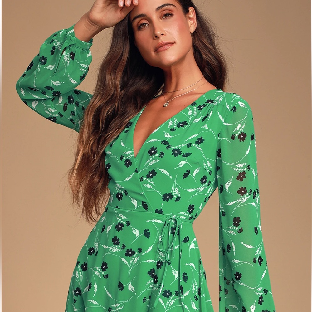 Lulu's Vibrant Green Floral Long Sleeve Dress